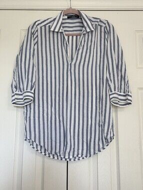 Pietro Brunelli Relaxed Striped V-Neck Button-Cuff Pull-on Shirt - Blue/White